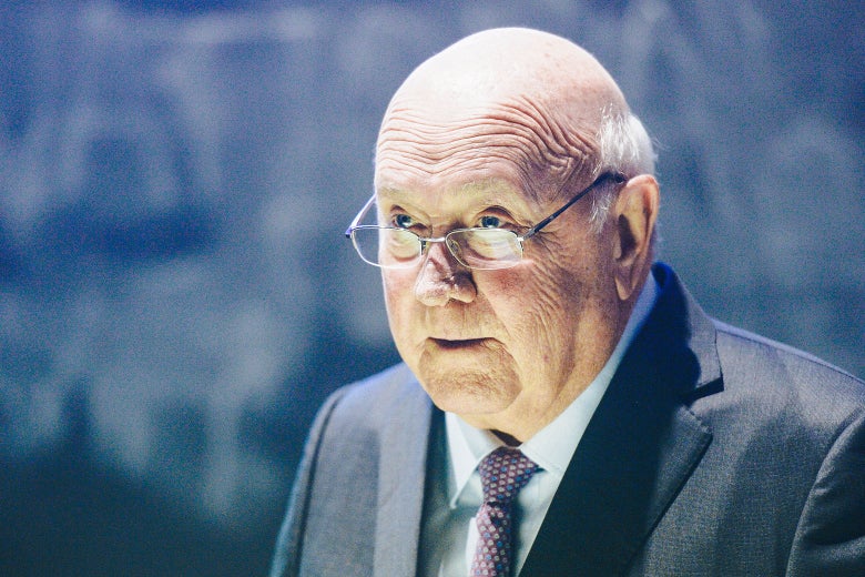 Former South African President F.W. de Klerk addresses the Trinity College Law Society after being presented with the Praeses Elit Award on Jan. 18, 2017, in Dublin.